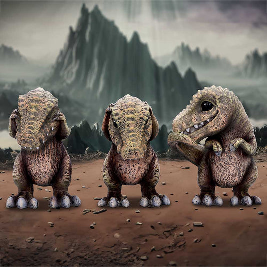Three Wise Tyrannosaurus Rex Figurines – hand-painted resin dinosaur trio in see no evil, hear no evil, speak no evil poses