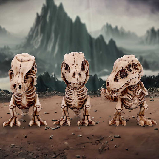 Three Wise Tyrannosaurus Rex Skeletons Figurines – hand-painted resin skeleton trio in see no evil, hear no evil, speak no evil poses