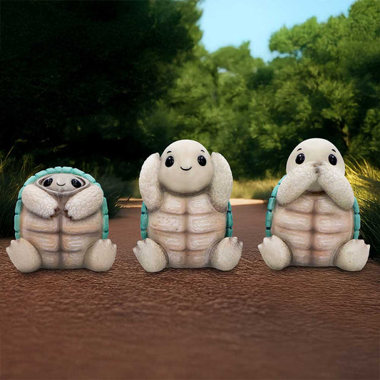 Three Wise Tortoises Figurines – hand-painted resin tortoise trio in see no evil, hear no evil, speak no evil poses