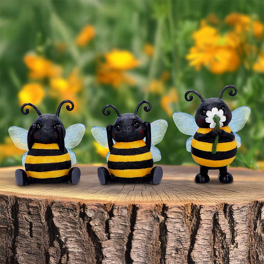 Three Wise Bees Figurines – hand-painted resin bee trio in see no evil, hear no evil, speak no evil poses