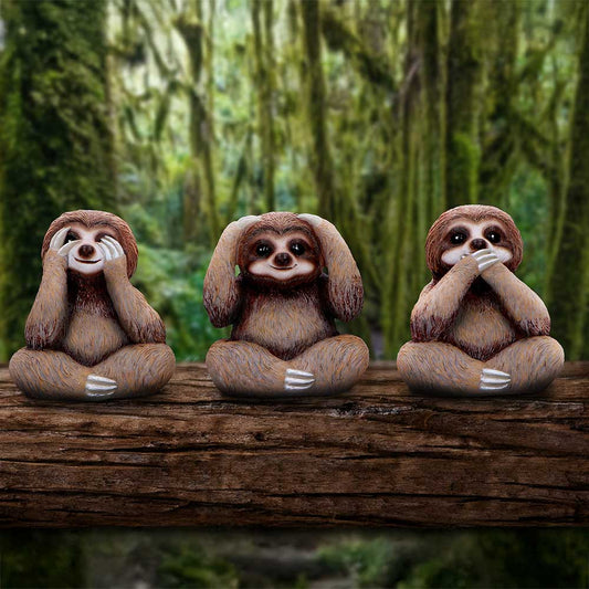 Three Wise Sloths Figurines – hand-painted resin sloth trio in see no evil, hear no evil, speak no evil poses