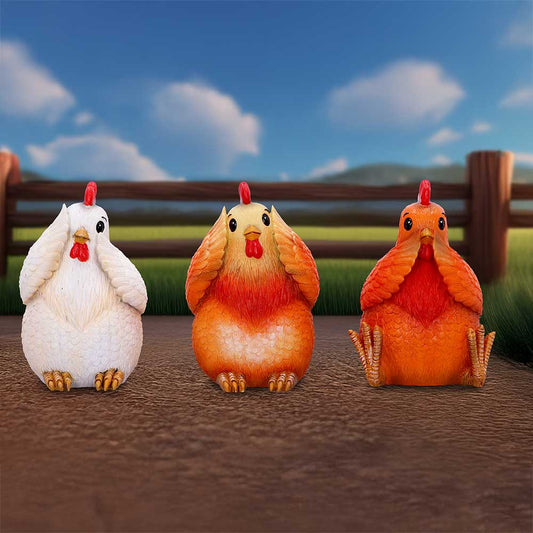 Three Wise Hens Figurines – hand-painted resin hen trio in see no evil, hear no evil, speak no evil poses