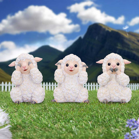 Three Wise Sheep Figurines – hand-painted resin sheep trio in see no evil, hear no evil, speak no evil poses