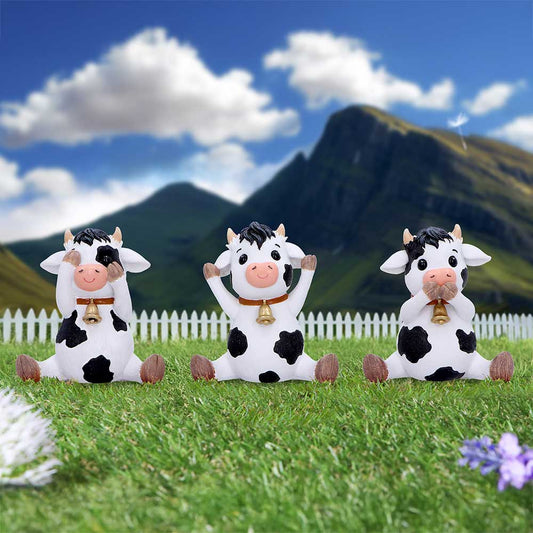 Three Wise Cows Figurines – hand-painted resin cow trio in see no evil, hear no evil, speak no evil poses