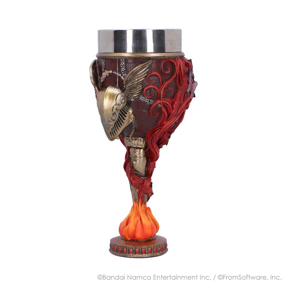 Side view of Malenia goblet showing curling red sculpted details and flame-shaped base accent