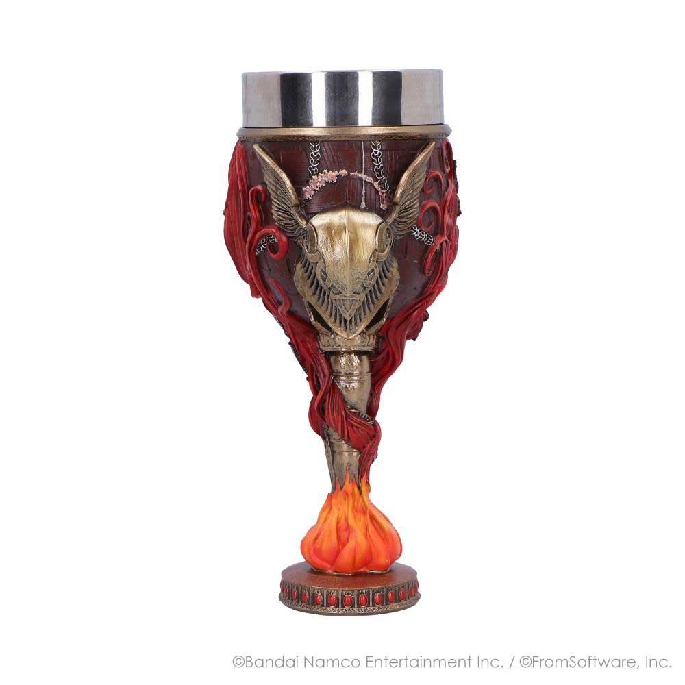 Malenia goblet with gold-toned winged helmet, red floral details and orange flame above the base