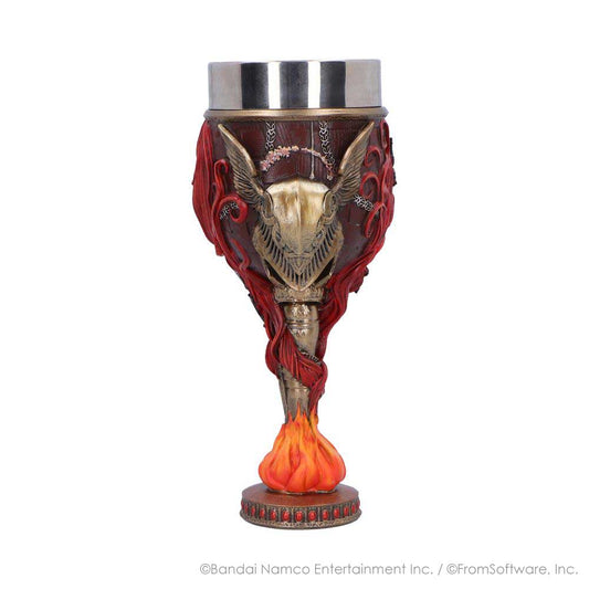 Malenia goblet with gold-toned winged helmet, red floral details and orange flame above the base