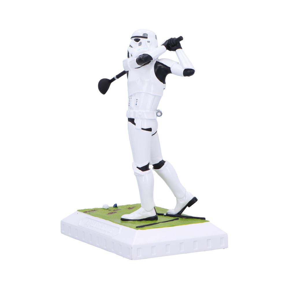 Angled view of the golfing Stormtrooper with crossed feet and raised club