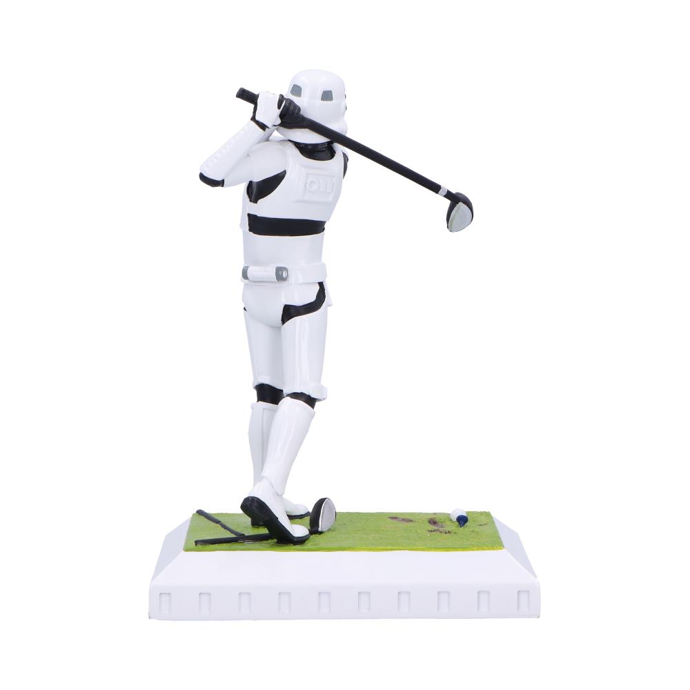 Rear view of the Stormtrooper’s golf follow-through and club