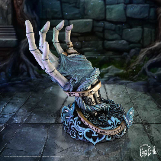 Official Corpse Bride With This Hand Vow Figurine by Nemesis Now featuring Emily's extended skeletal hand, flowing blue gown and floral bouquet detail