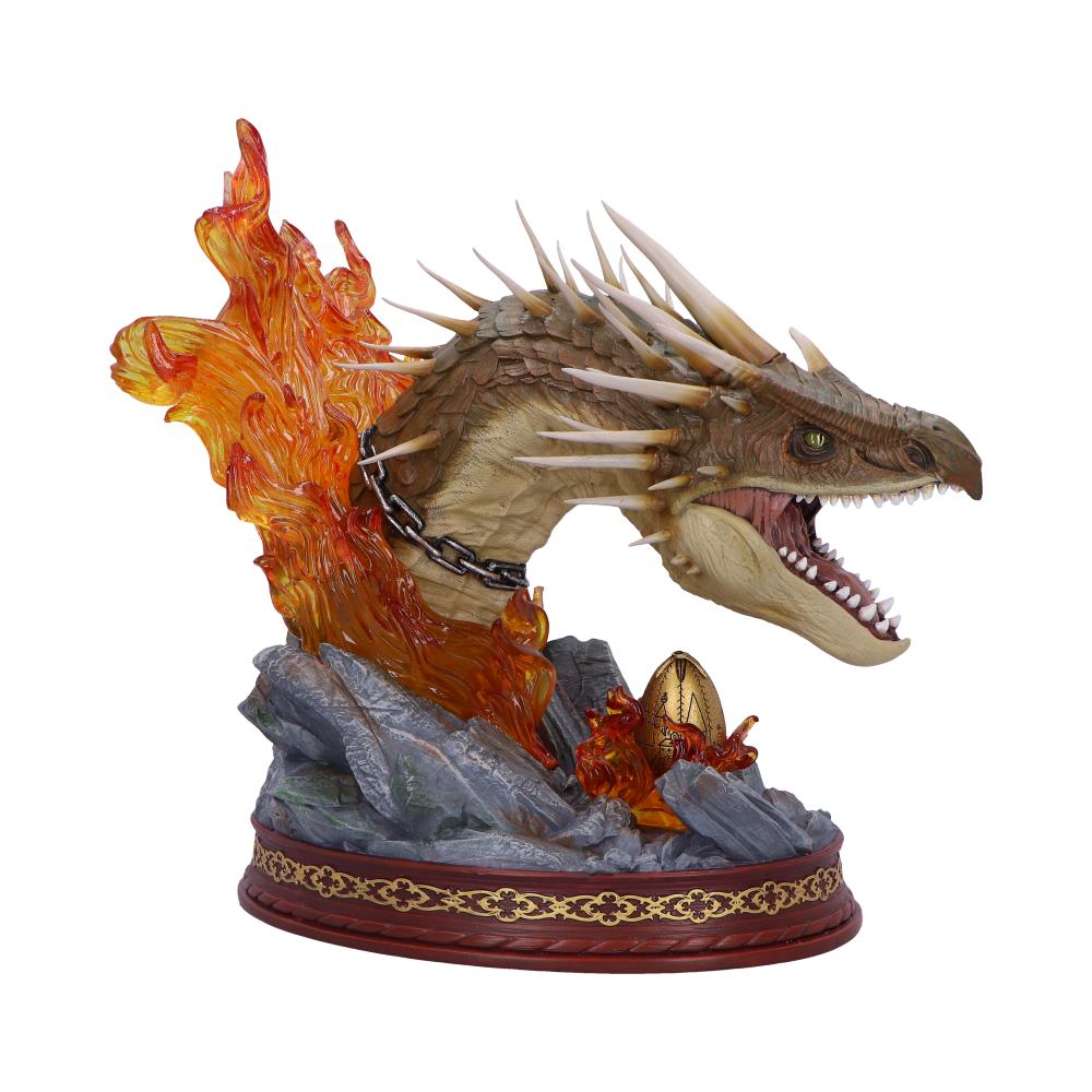 Opposite side of the Horntail head with spines, orange flames and rocky base