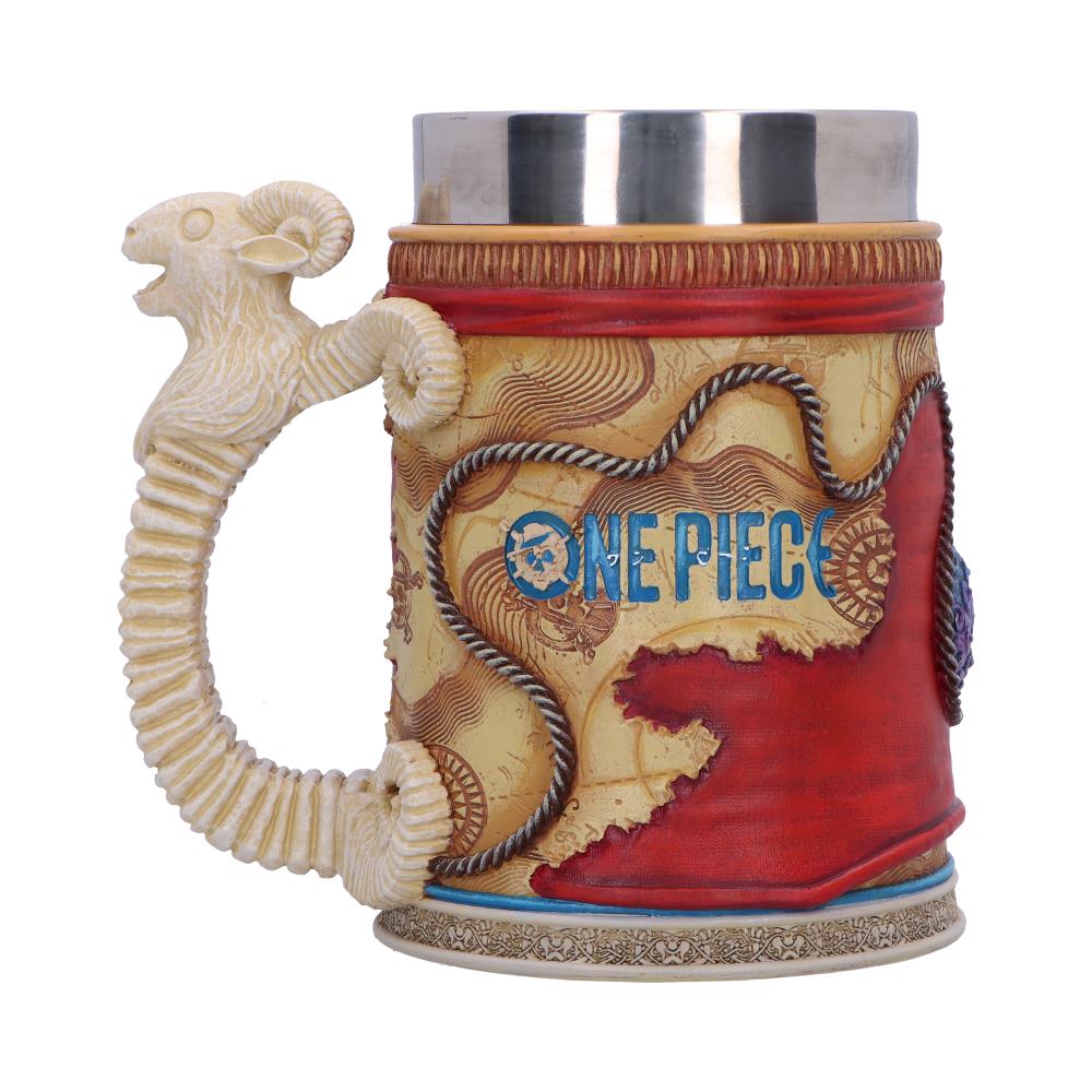 Rear of the red Luffy tankard showing the One Piece logo and sculpted handle