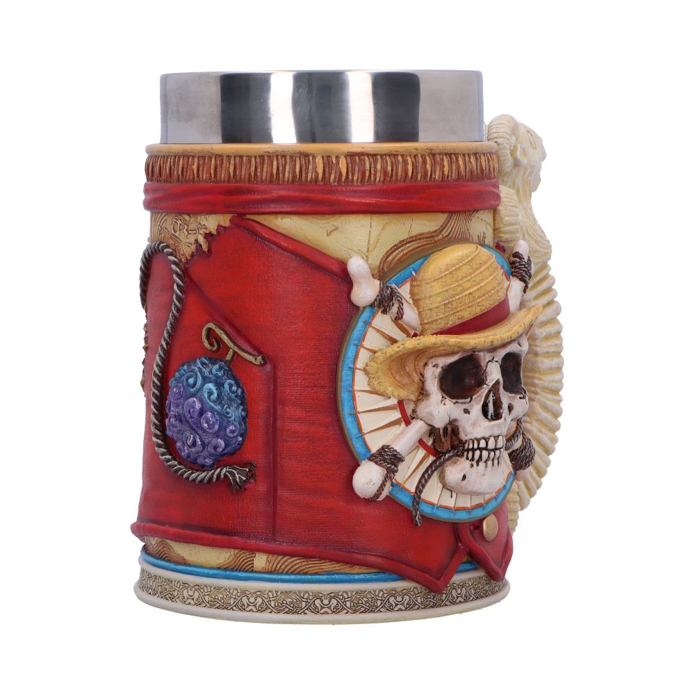 Side angle of the Luffy tankard showing rope details and a small purple fruit motif
