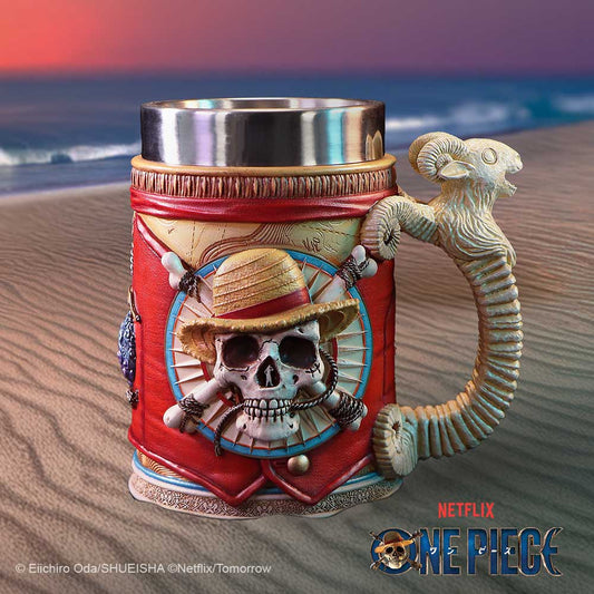 Luffy tankard with straw-hat emblem on a nautical studio background