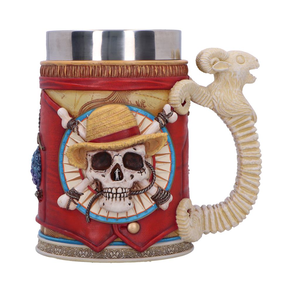 One Piece Luffy tankard with straw-hat skull emblem, red body and ram-shaped handle