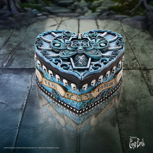 Official Corpse Bride With This Ring Vow Box by Nemesis Now with heart-shaped blue design featuring Victor and Emily, removable lid and hand-painted detail