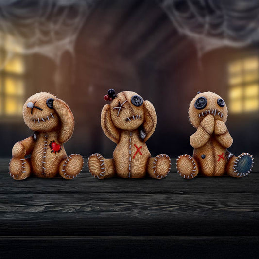 Three Wise Voodoo Dolls Figurines – hand-painted resin voodoo doll trio in hear no evil, see no evil, speak no evil poses