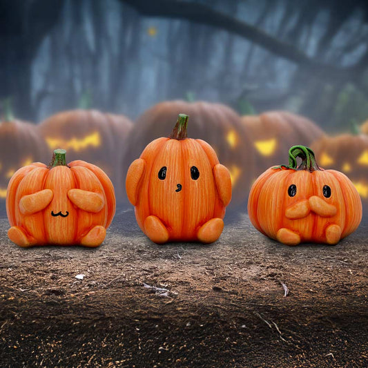 Three Wise Pumpkins Figurines – hand-painted resin pumpkin trio in see no evil, hear no evil, speak no evil poses