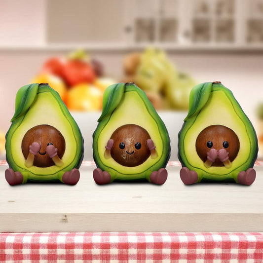 Three Wise Avocados Figurines – playful hand-painted resin avocado trio in hear no evil, see no evil, speak no evil poses