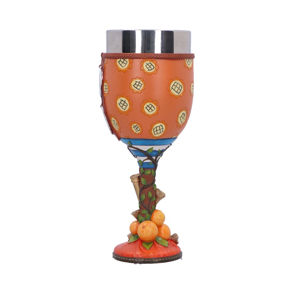 Rear of Nami goblet showing small motifs across the orange cup and oranges at the base