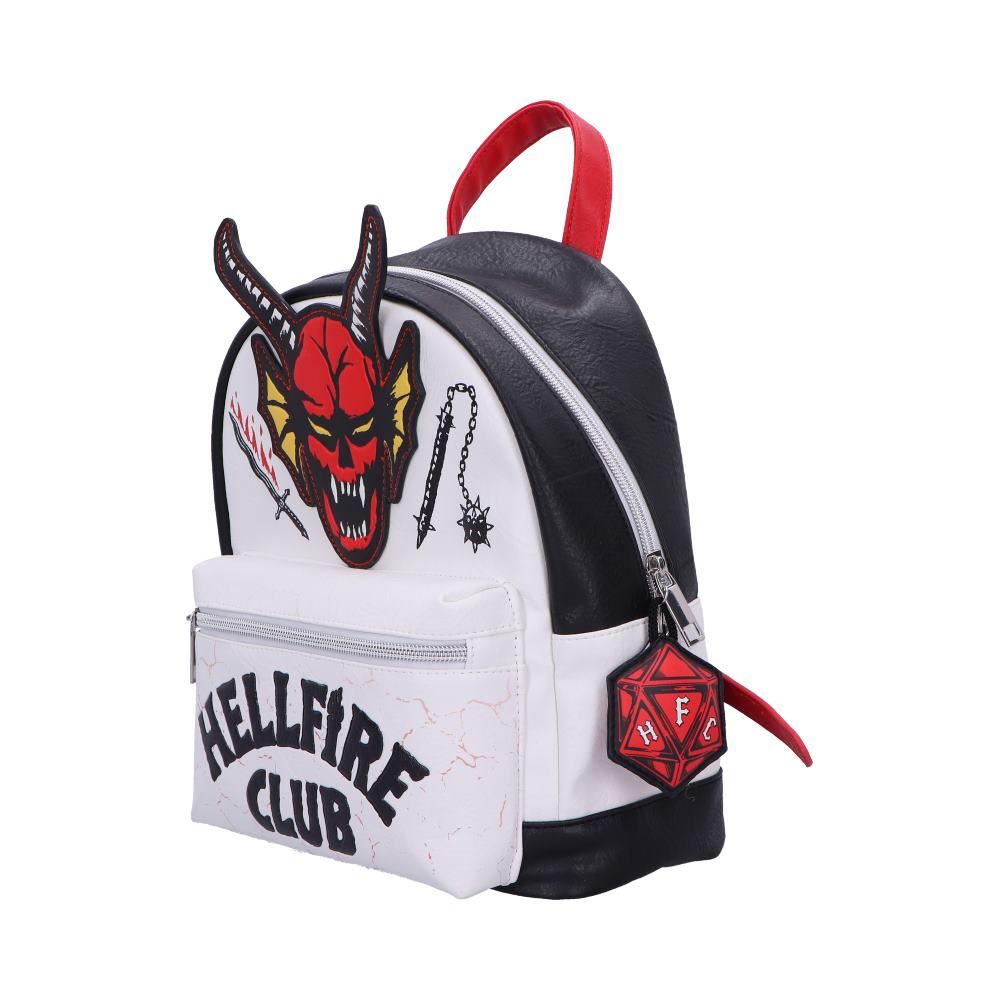 Angled view of the Hellfire Club backpack showing front zip pocket and side panel