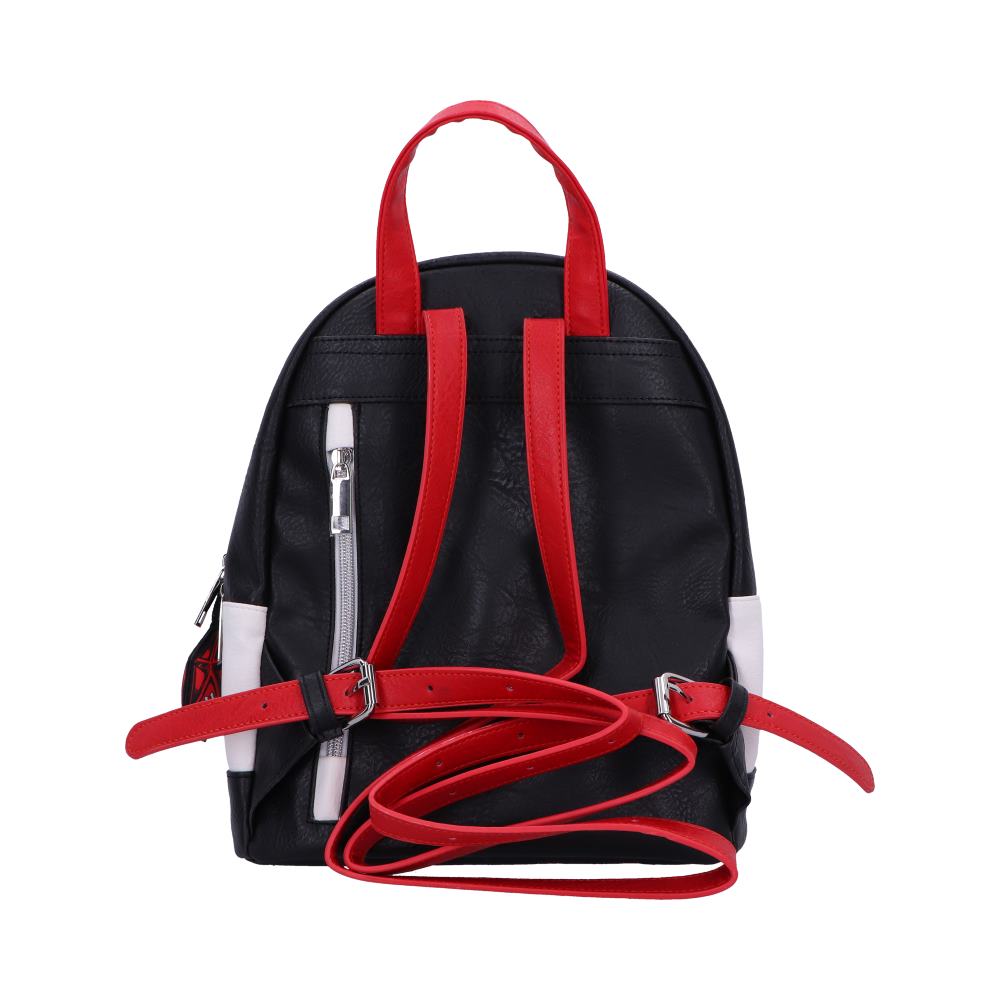 Rear of the black Hellfire Club backpack with red adjustable straps