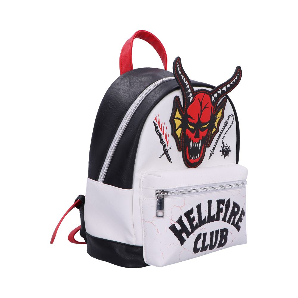 Opposite angle of the Hellfire Club backpack with red pulls and horned emblem