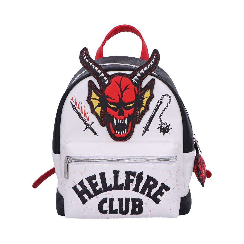 Hellfire Club backpack with horned red emblem, white front, black sides and red handle