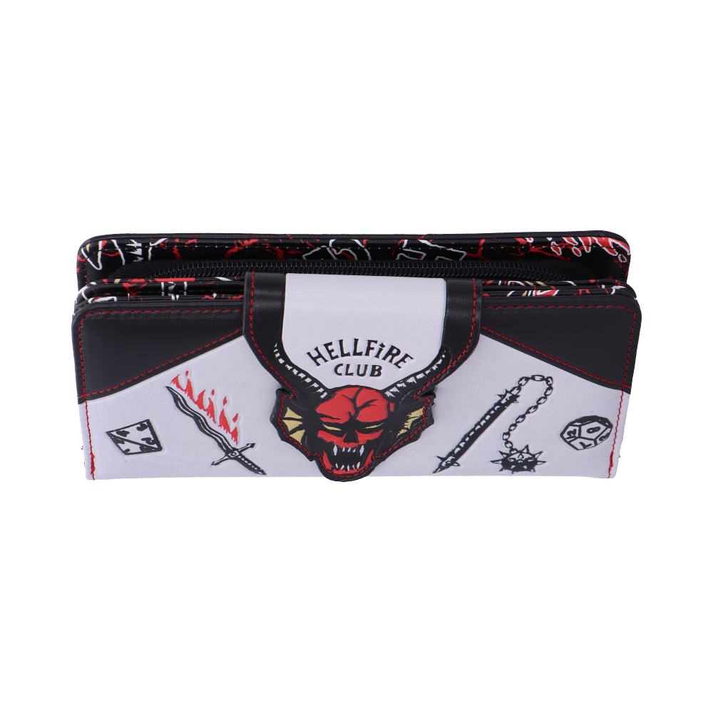 Angled Hellfire Club purse showing top zip edge and red emblem