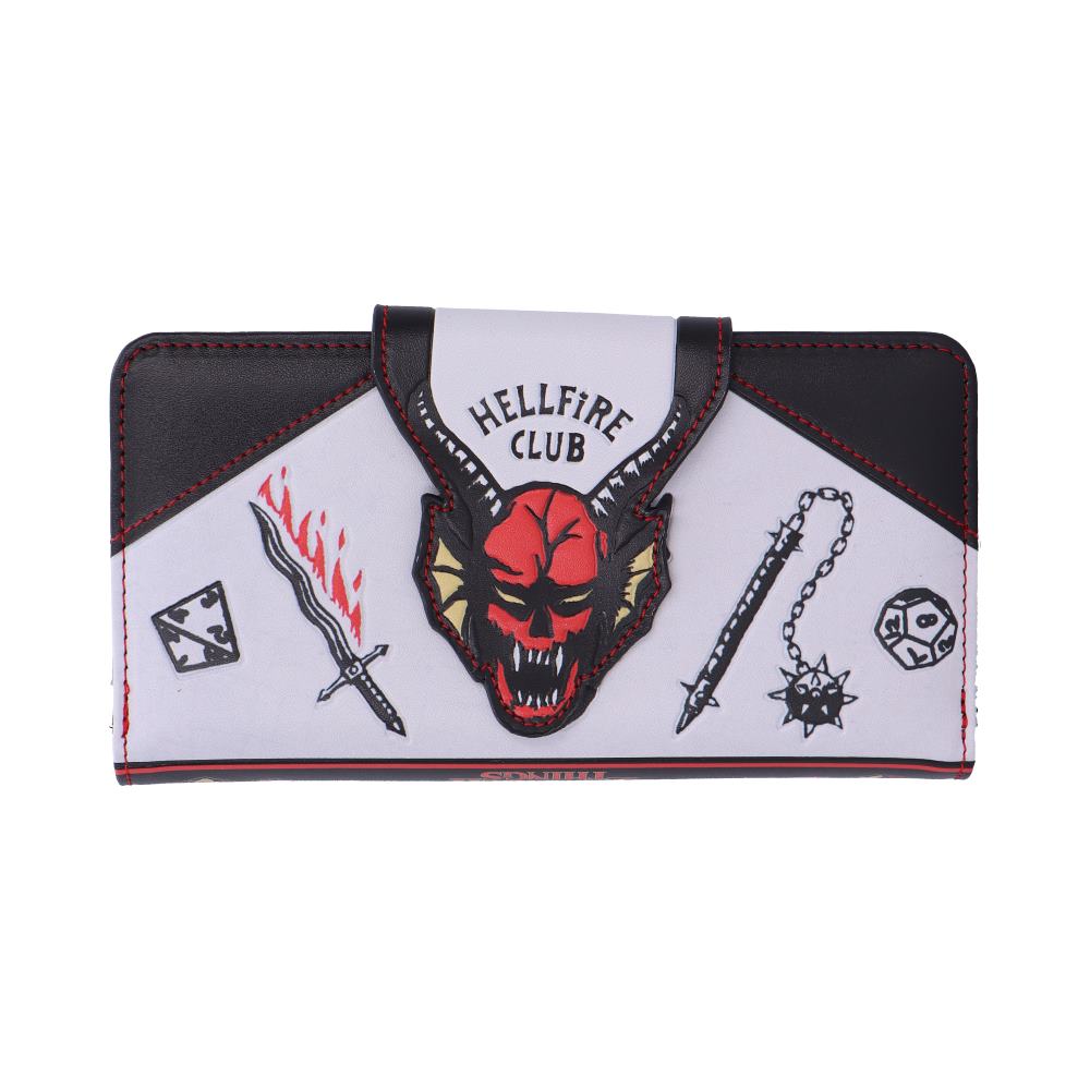 Front of Hellfire Club embossed purse with red horned emblem and white panel