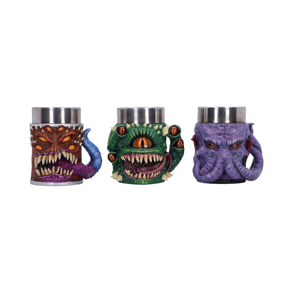 Dungeons & Dragons Mini Monster Tankards Set - three tankards facing forward with toothy monster faces and steel rims