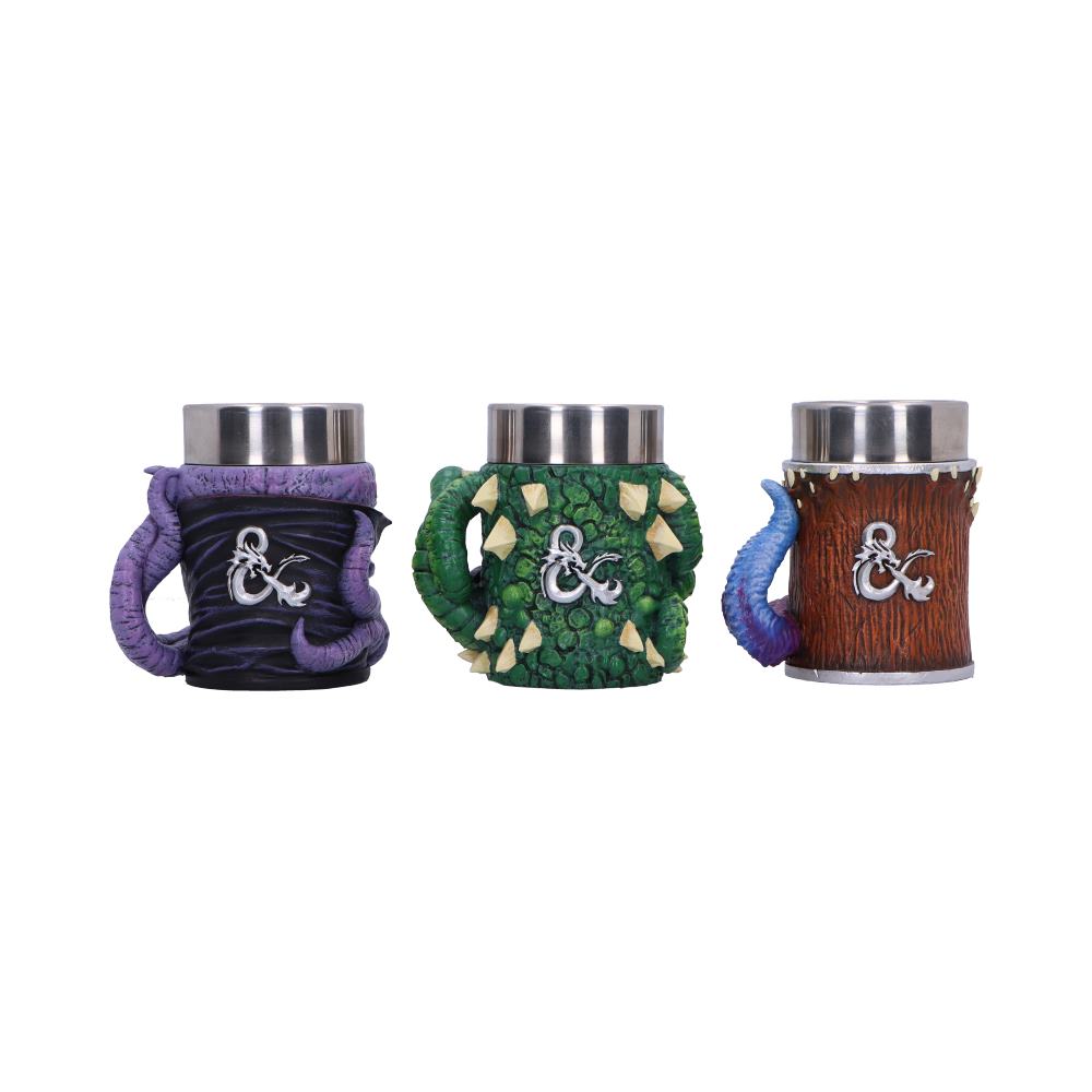 Dungeons & Dragons Mini Monster Tankards Set - reverse of the three tankards with D&D emblems and sculpted handles