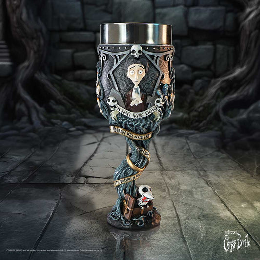 Official Corpse Bride Your Cup Will Never Empty Vow Goblet by Nemesis Now with Victor portrait, blue branches, wedding vows, candles, spiderwebs and Scraps