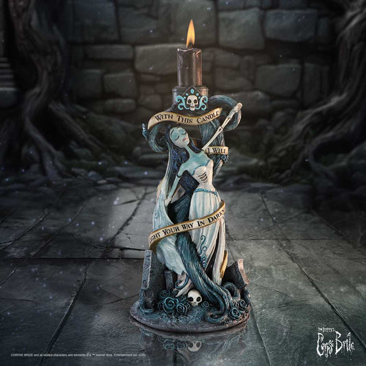 Official Corpse Bride With This Candle Vow candle holder by Nemesis Now featuring Emily, pale blue branches and wedding vow detailing around the polyresin base