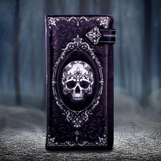 Baroque Skull Embossed Purse – black zip-around wallet with ornate skull motif