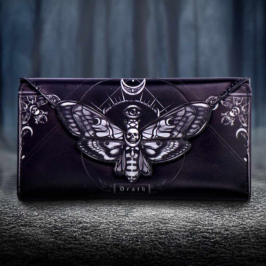 Death’s Head Moth Embossed Purse – black zip-around wallet with gothic embossed moth motif