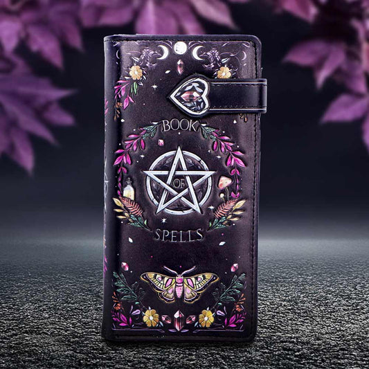 Book of Spells Embossed Purse – black zip-around wallet with embossed spellbook motif