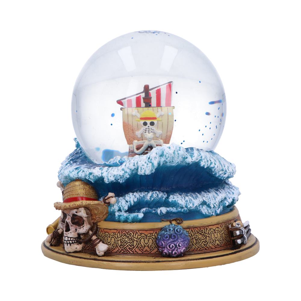 Front angle of Going Merry globe showing ram figurehead and foaming wave base