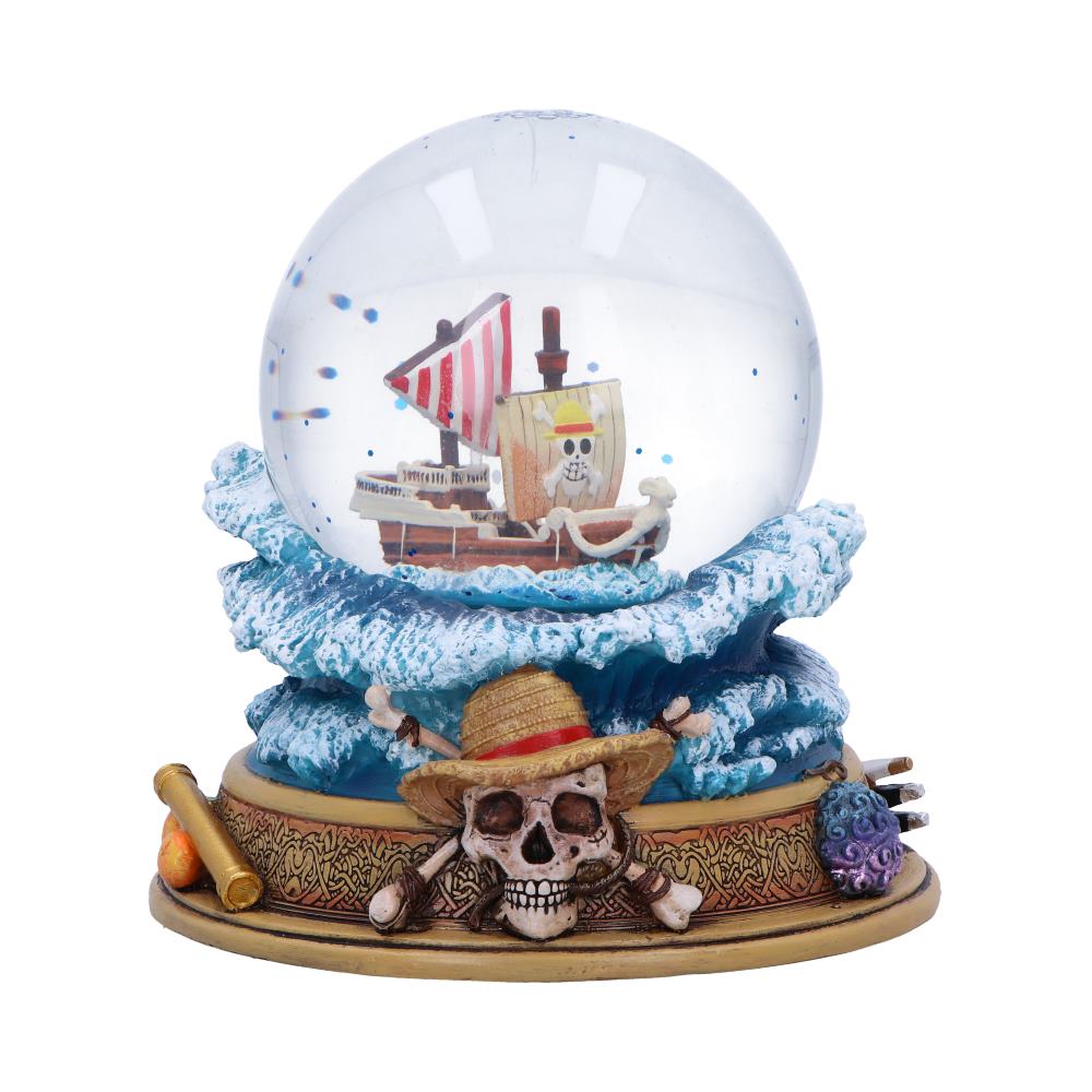 Going Merry snow globe with miniature ship, sculpted blue waves and straw-hat emblem
