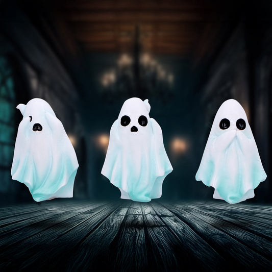 Three Wise Ghosts Figurines – hand-painted resin ghost trio in see no evil, hear no evil, speak no evil poses (approx. 7.5 cm each)
