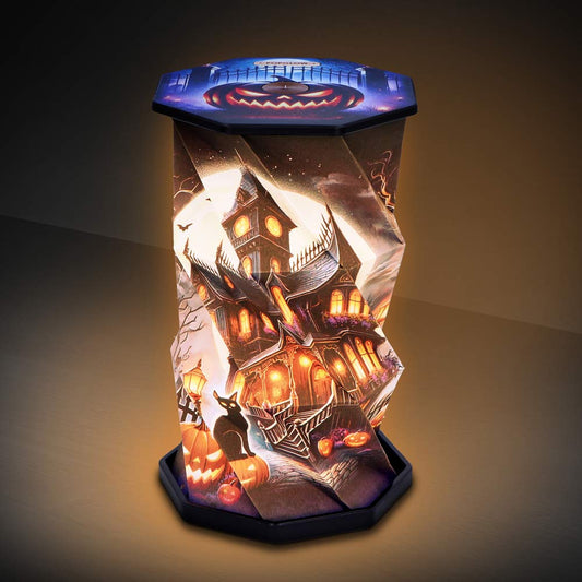 Pumpkin Manor Foldable Lamp foldable LED lamp with spooky pumpkin manor artwork, USB-C rechargeable design and touch-activated ambient lighting.