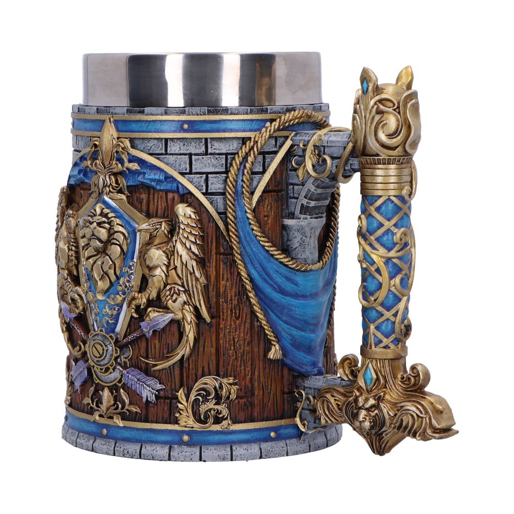 World of Warcraft Alliance Tankard - angled view of the lion crest, flowing blue banner and handle