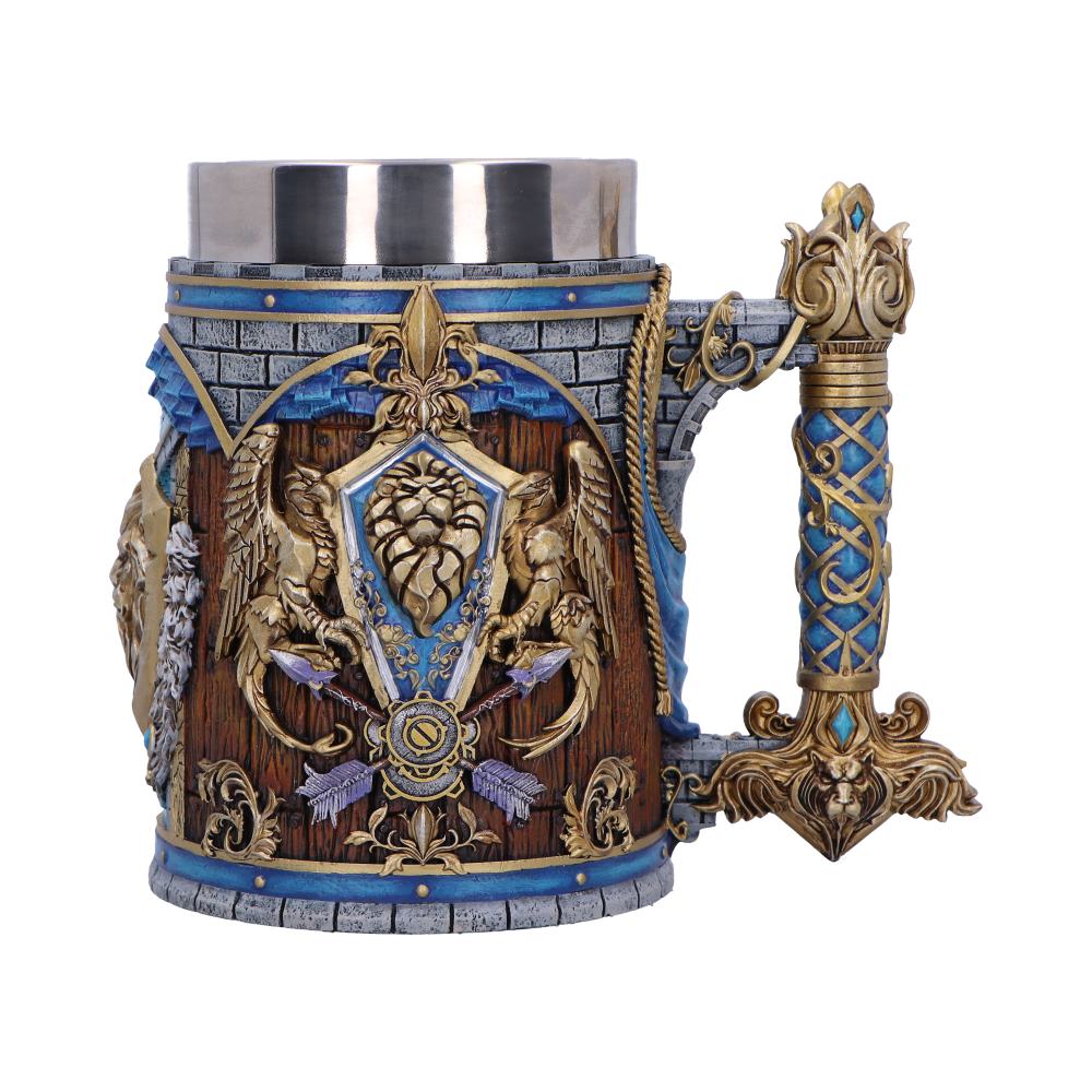 World of Warcraft Alliance Tankard - front with the Alliance lion crest, blue-and-gold sculpting and decorated handle