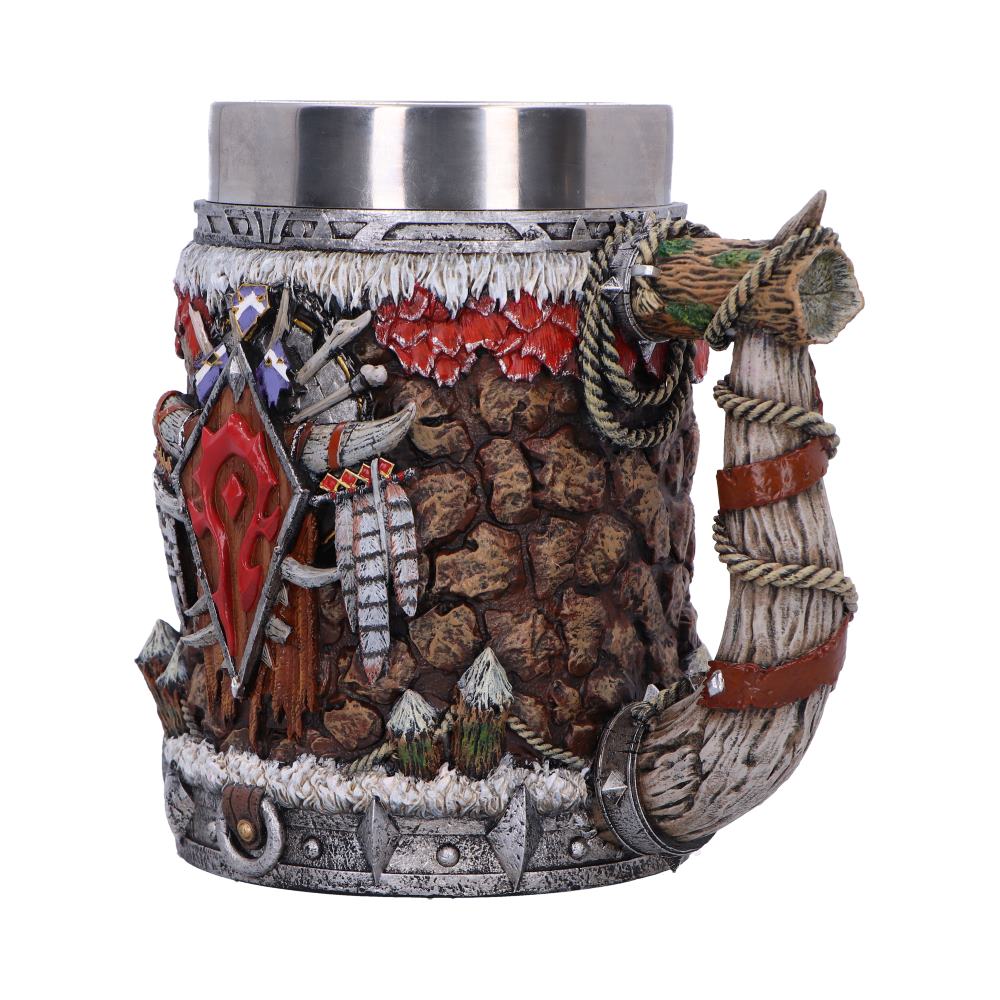 World of Warcraft Horde Tankard - angled view of the emblem, stone-like body and banded handle