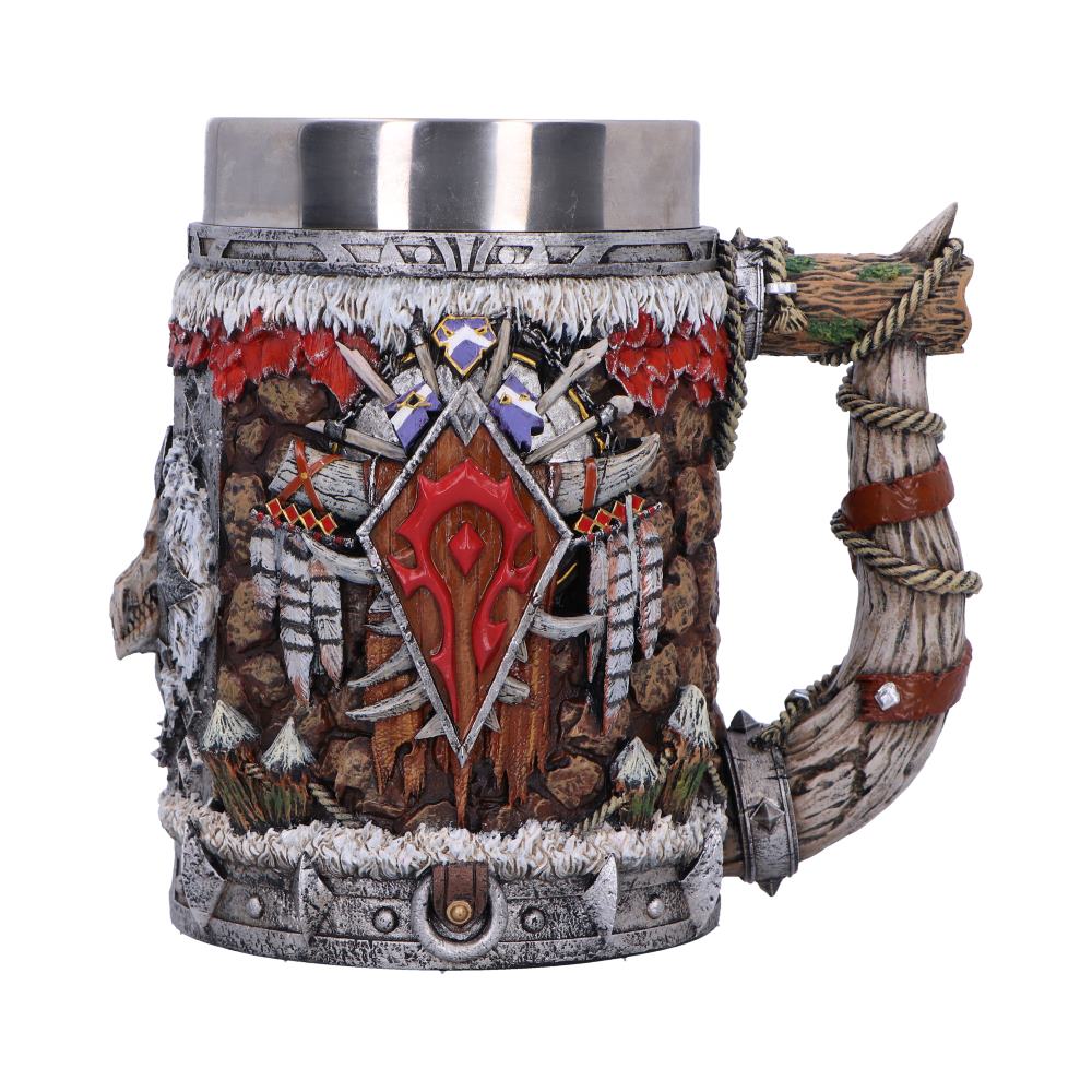 World of Warcraft Horde Tankard - front with the Horde crest, rugged red detail and sculpted weapons