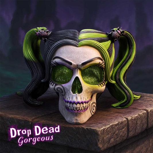 Drop Dead Gorgeous Beetles and Bugs gothic skull by Nemesis Now with green glitter eyes, glossy black and green finish, twisted hair and sculpted insects