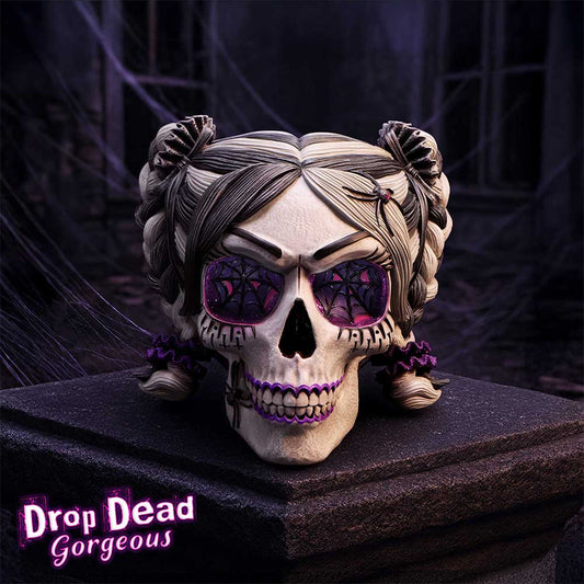 Drop Dead Gorgeous Creepy and Kooky gothic skull by Nemesis Now with glitter-filled eyes, spiderweb patterns, tiny spider and vivid pink and purple accents