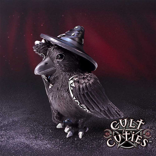 Eliwing Cult Cuties raven witch figurine by Nemesis Now with black feathered body, pointed witch hat, silver details and magical staff with tiny eggs