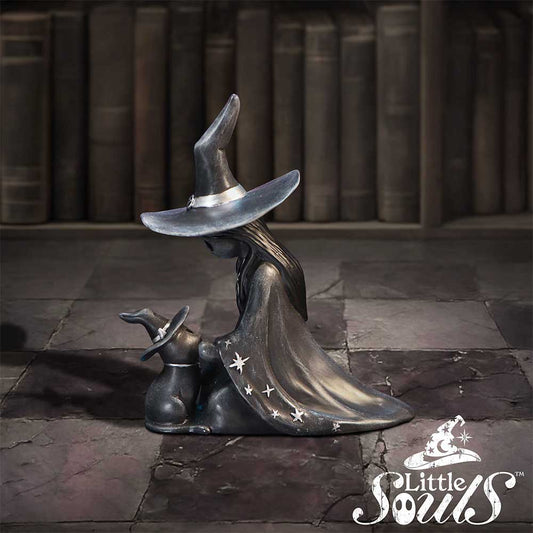Little Souls Twilight witch and black cat figurine by Nemesis Now with matching pointed witch hats, deep black finish and hand-painted silver accents