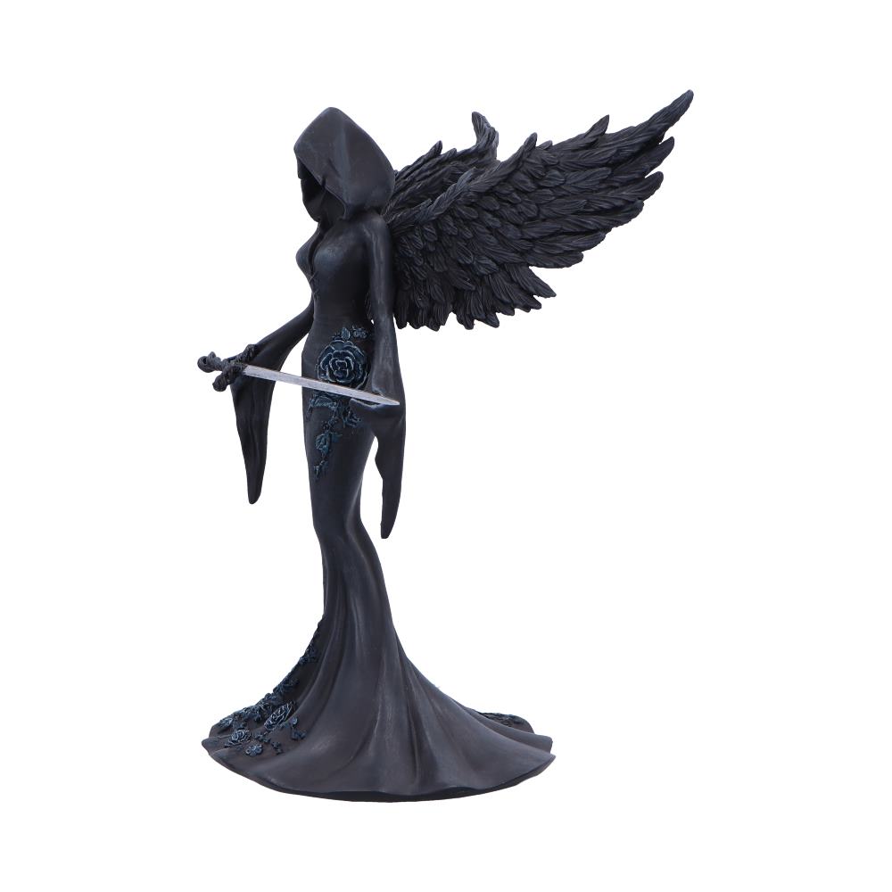 Femme Fatale Warrior Gothic Figurine - angled view of the faceless hood, sword and flower-textured robe